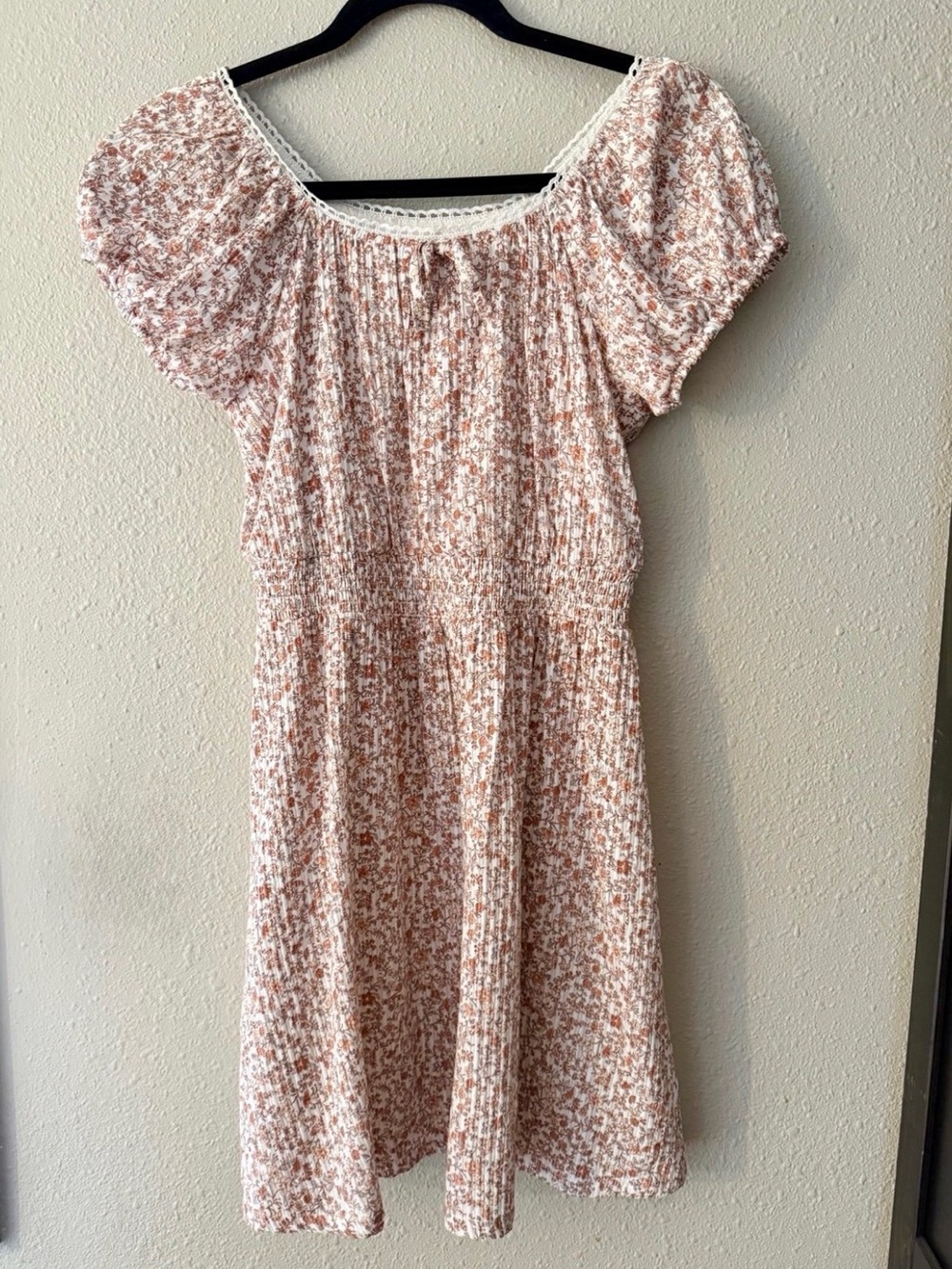 Girls Smocked Floral Puff Sleeve Dress - Blush & White